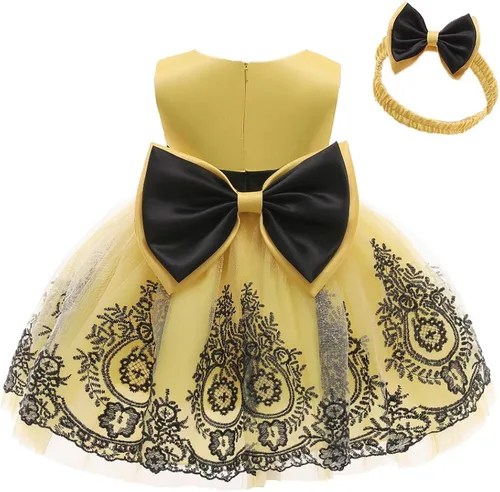 CMMCHAAH - Vestidos de fiesta y concurso, con encaje y bordado, con lazo, tutú y diadema, para bebés y niñas, tallas 0-6T