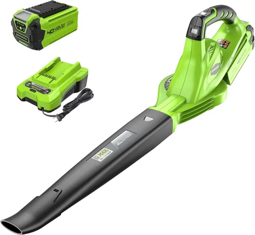 Greenworks Soplador/barredora de hojas de 40 V, 150 MPH / 135 CFM, ligero, silencioso, con batería de 2.0 Ah y cargador, perfecto para el cuidado