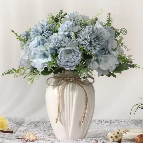 Flores artificiales de peonías en jarrón, ramo de flores de peonía de seda de hortensias falsas con florero, arreglo de flores sintéticas, Azul
