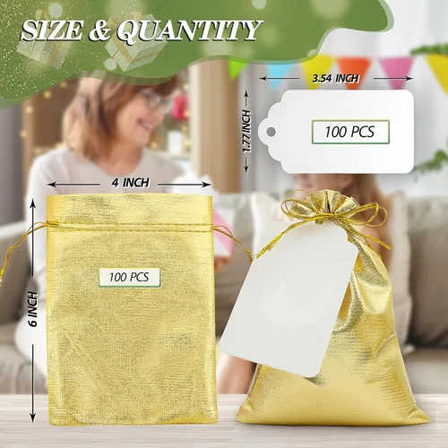 Miniatura 2 de DOYIDE 100 bolsas de regalo con cordón dorado, bolsas pequeñas de joyería de 4 x 6 pulgadas, bolsas con cordón, bolsas brillantes para recuerdos