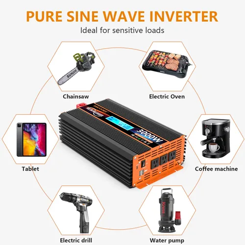 Miniatura 5 de Inversor de Potencia de Onda Sinusoidal Pura de 2500 Vatios, Convertidor de 12V DC a 110V 120V para Familia, RV, Sistema Solar Fuera de la Red