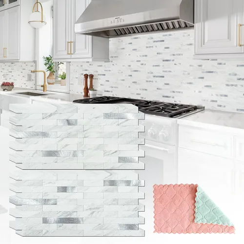 StyloVue 20 hojas para despegar y pegar para cocina, mármol blanco con aspecto de metal plateado que se pega en azulejos para mejorar tu cocina,