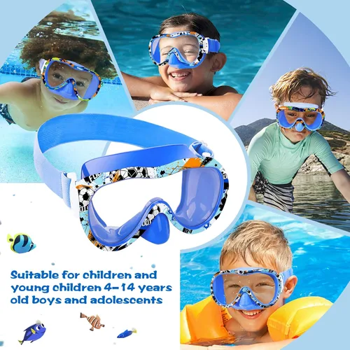 Miniatura 3 de Gafas de natación para niños con cubierta para la nariz, máscara de esnórquel panorámica de 180° con diseño antivaho y antifugas, correa de tela
