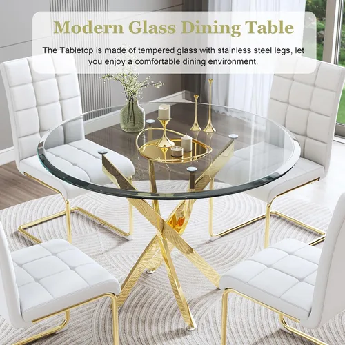 Miniatura 3 de Mesa de comedor redonda de vidrio de 36 pulgadas para 4 personas, mesa de cocina de vidrio circular pequeño con parte superior templada transparente