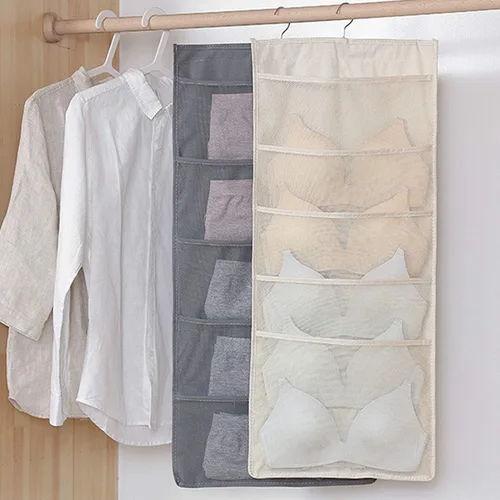Miniatura 2 de Organizador de almacenamiento colgante para brasier y ropa interior, bolsillos de malla, estantes de pared de doble cara, bolsa ahorradora de Gris