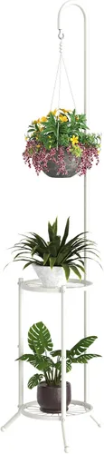 Miniatura 8 de BMOSU Soporte para plantas con ganchos para interiores y exteriores, soporte alto de metal resistente de 3 niveles para plantas, para patio, jardín