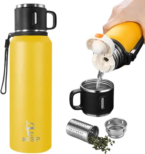Miniatura 23 de Botella aislada de acero inoxidable, 20 onzas con taza, botella de agua aislada al vacío, termo para bebidas calientes/bebidas frías, viaje con Verde