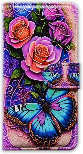Miniatura 6 de Bcov Pixel 7a - Funda de piel con tapa y función atril para Google Pixel 7a, diseño de flores y mariposas azules Mariposa Azul Flores Rosa