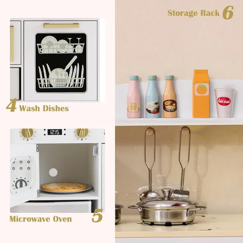 Miniatura 3 de INFANS Juego de cocina para niños, juego de juguetes de cocina de madera para niños pequeños con tablero de dibujo acrílico, máquina de hielo, Blanco