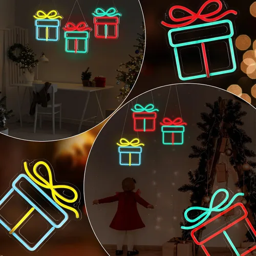 Miniatura 6 de ROCEEI 3 letreros de neón de Navidad, caja de regalo de luces de neón, barra de pared LED USB, decoración de sala de estar para fiesta de invierno