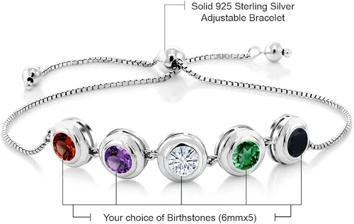 Miniatura 2 de Gem Stone King Pulsera de plata de ley 925 personalizada y personalizada de 5 piedras con bisel redondo y piedra natal para mujer, totalmente