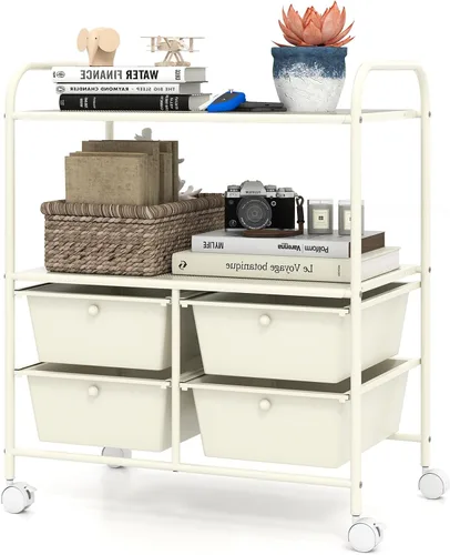 Miniatura 10 de RELAX4LIFE Carrito de almacenamiento rodante con 4 cajones y 2 estantes, organizador de archivos de papel con marco de metal para oficina en casa