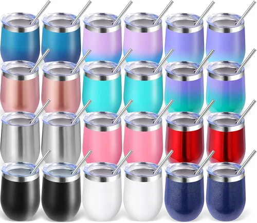 Miniatura 37 de Volhoply - Juego de 12 vasos de vino de 12 onzas con tapa, hechos de acero inoxidable con aislamiento al vacío de doble pared, vasos de vino sin Rosa