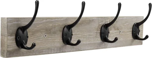 Miniatura 7 de Perchero de pared, perchero de entrada vintage rústico de madera con 3 ganchos para colgar abrigos y sombreros, riel de zinc fundido