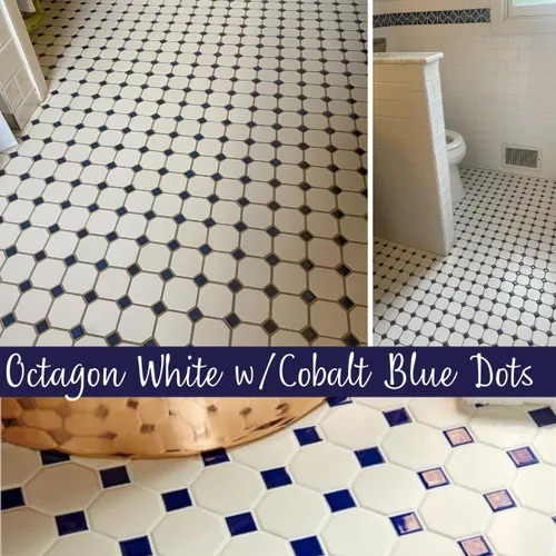 Miniatura 6 de Tenedos Mosaico de porcelana octagonal blanco mate con puntos azules cobalto brillantes, diseño italiano para suelos de baño y salpicaduras