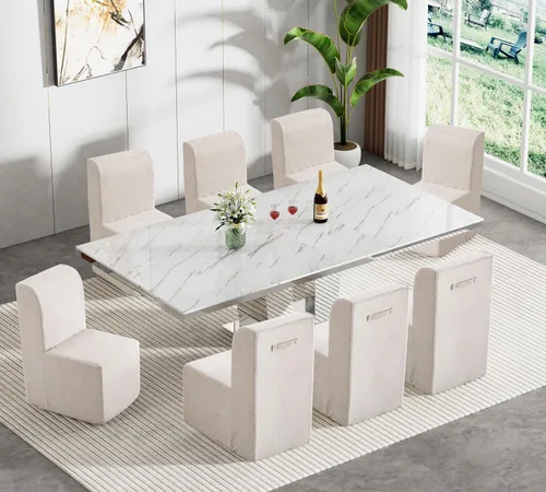 Miniatura 12 de Juego de mesa de comedor de mármol sintético blanco para 10, juego de mesa de comedor extensible de 11 piezas de 63 a 94 pulgadas con 10 sillas