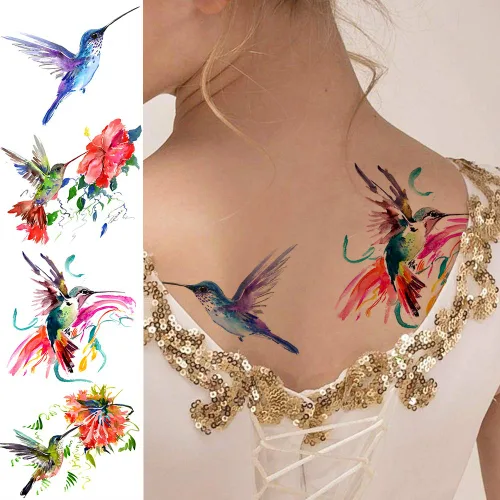 Miniatura 6 de 15 hojas de tatuajes temporales de colibrí de acuarela 3D de FANRUI para mujeres y niñas, pequeño, multicolor, colibrí, tatuaje, temporal, colorido