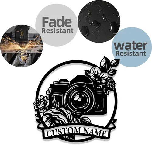 Miniatura 6 de Letrero de metal personalizado para fotógrafo, arte de pared de hierro para cámara y niña con cámara, decoración única con temática de fotografía