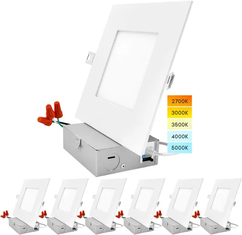 LUXRITE Iluminación empotrable LED cuadrada ultrafina de 6 pulgadas, 5 opciones de temperatura de color 2700K - 5000K, luz empotrable regulable, 12