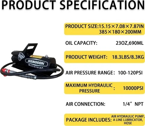 Miniatura 3 de HEROSON Bomba neumática de alta presión, 10,000 PSI, depósito de 0.7L, salida de aceite NPT 3/8", entrada NPT 1/4", bomba hidráulica de aire
