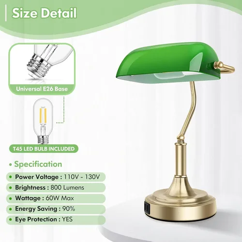Miniatura 5 de Lámpara de banqueros con 2 puertos USB, control táctil, lámpara de escritorio de vidrio verde con base de latón, lámpara de escritorio vintage