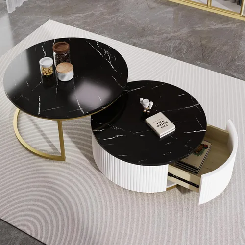 Miniatura 23 de Juego de 2 mesas auxiliares redondas negras de 42.52 pulgadas para sala de estar, diseño contemporáneo de círculo de madera en relieve, sin montaje