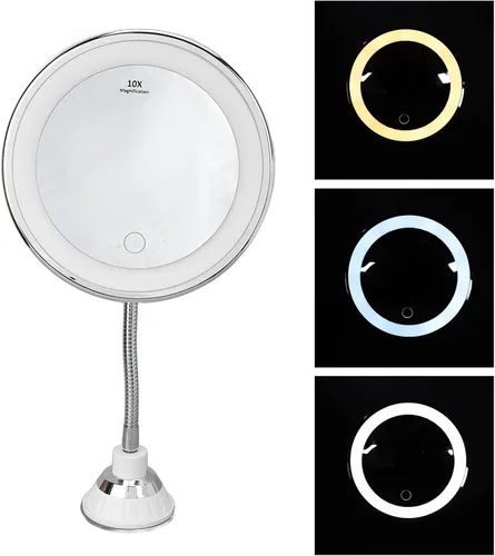 Miniatura 5 de Cryfokt Espejo de maquillaje iluminado recargable, espejo de tocador con aumento de 10x, espejo cosmético regulable de tres colores de luz, espejo