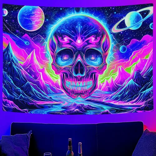 Miniatura 10 de Tapiz de calavera con luz negra, arte de pared de esqueleto reactivo a los rayos UV para dormitorio, pósteres de luz negra para adultos, tapiz