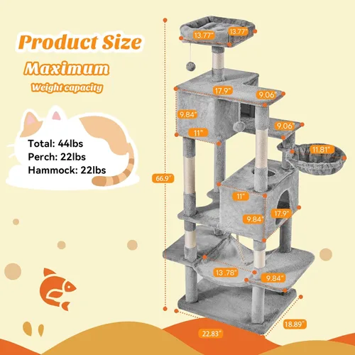 Miniatura 2 de Árbol grande para gatos de 66 pulgadas, torre de árbol para gatos de varios niveles con condominio, perchas, postes rascadores de sisal y hamaca