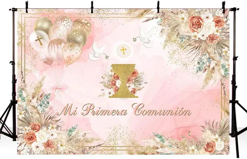 Miniatura 3 de MEHOFOND Telón de fondo de comunión Mi Primera de 7 x 5 pies para niña, color rosa, bohemio, bautizo, decoración de fiesta, pancarta, Dios bendiga