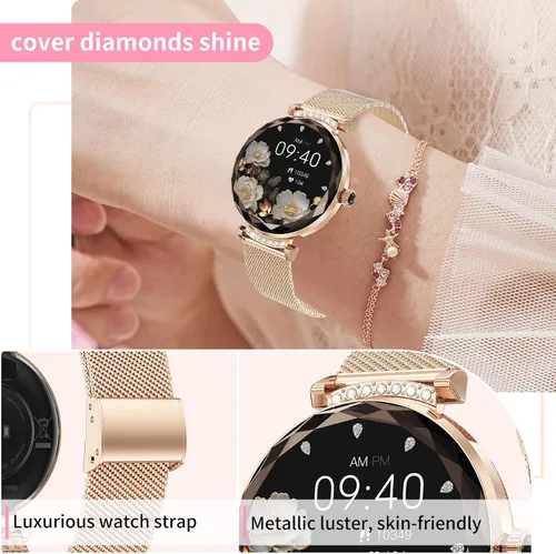 Miniatura 3 de Reloj inteligente para mujer Android/iOS, IP68, impermeable, con llamadas Bluetooth, recordatorio menstrual femenino (2 correas doradas)