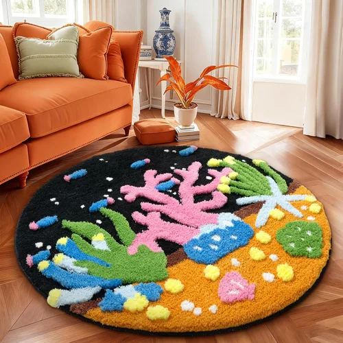Miniatura 4 de YIHOUSE Alfombra de Área Redonda 3D, Alfombra de Coral Negro, Alfombra de Estética Moderna para Dormitorio Antideslizante de Pelo Largo Esponjosa