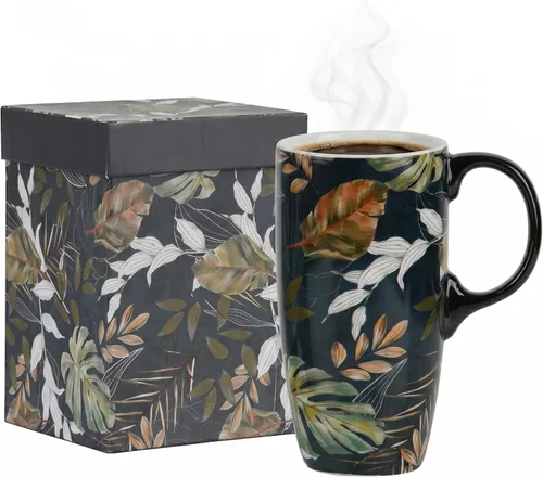 Miniatura 15 de Topadorn Taza de Café de Cerámica Taza de Viaje Regalo con Tapa 17oz., Taza de Té Alta de Porcelana con Asa para el Hogar y la Oficina, Taza