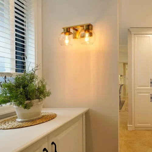 Miniatura 8 de PAZALA 2 luces de tocador, lámpara de pared de baño de latón cepillado con pantalla de vidrio esmerilado, lámpara de baño sobre espejo