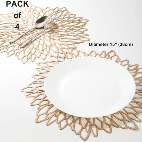 Miniatura 2 de Snowkingdom - Juego de 4 manteles individuales dorados metálicos de vinilo prensado para mesa de comedor, redondos, con diseño floral, adorno