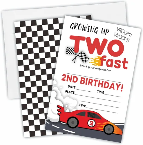 Invitación de fiesta de cumpleaños de coche de carreras de 2ª, creciendo dos invitaciones rápidas de fiesta para niños, adolescentes, niños y niñas,
