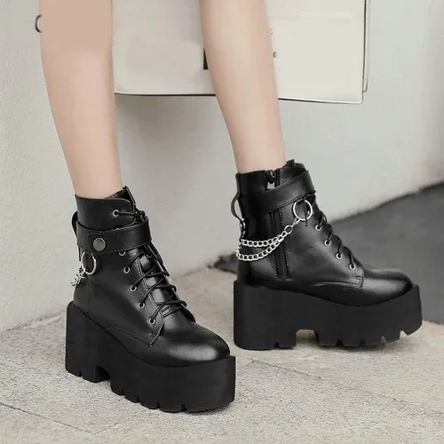 Miniatura 5 de Caradise Botas góticas de combate punk, con plataforma gótica, tacón grueso, con cordones, para mujer