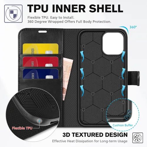 Miniatura 4 de TUCCH Funda tipo cartera para iPhone 12/iPhone 12 Pro 5G, con bloqueo RFID, ranura para tarjetas y soporte