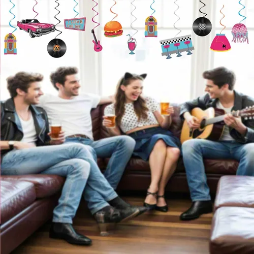 Miniatura 8 de Decoraciones para fiestas de los años 50, retro de los años 50, remolinos colgantes de música rock and roll, ensamblados y listos para usar