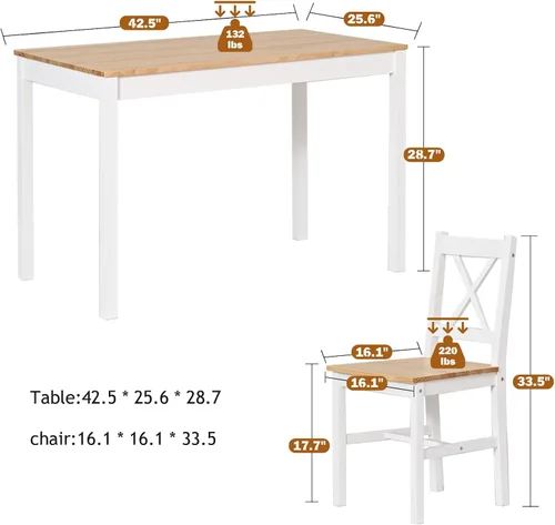 Miniatura 3 de soges Juego de mesa de comedor para 4, mesa de comedor de madera de pino de 42.5 pulgadas con 4 sillas, juego de sillas de mesa de cocina de 5