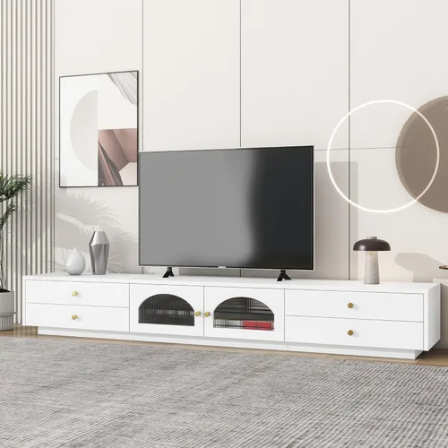 Merax Lujoso soporte de TV con puertas de vidrio estriado, elegante y funcional consola multimedia para televisión de hasta 90 pulgadas, gabinete