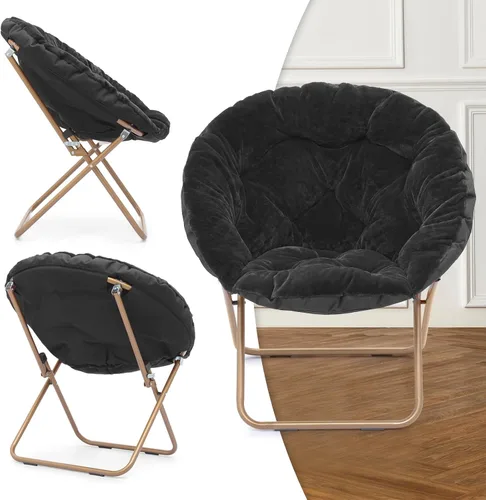 Miniatura 11 de MoNiBloom Silla redonda plegable de piel sintética para dormitorio, sala de estar, dormitorio, marco de metal plegable, de gran tamaño, cómoda, Negro