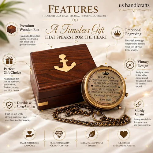 Miniatura 4 de Brass Compass with Wooden Case Engraved Compass from Mom to Son Graduation Gift, Birthday, Inspirational Travel Keepsake