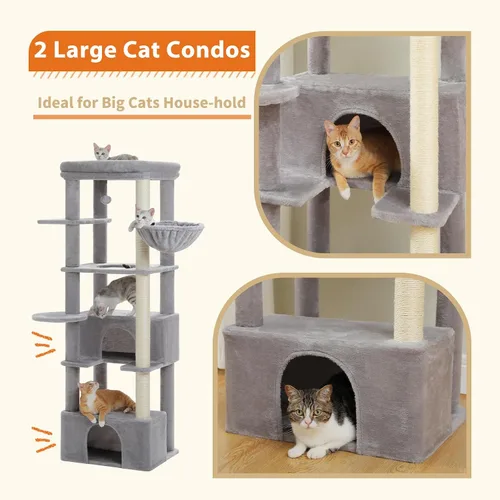 Miniatura 4 de PEQULTI Árbol para gatos de interior de 66 pulgadas, torre grande para gatos con poste rascador cubierto de sisal, hamaca de metal súper grande