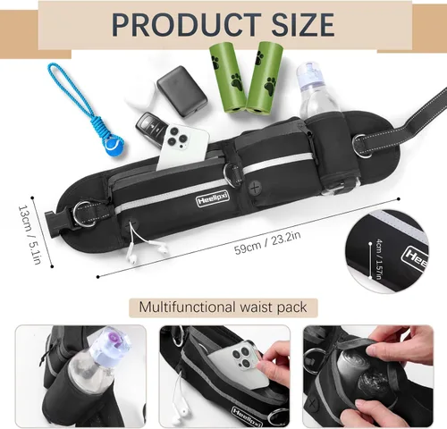 Miniatura 7 de Correa para perro con cinturón, costuras reflectantes, asas dobles, diseño retráctil elástico, perfecto para correr, negro, adecuado para perros