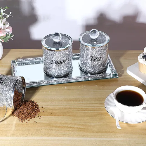 Miniatura 8 de JUXYES Juego de 4 recipientes de cristal chispeante con diamantes triturados para azúcar, café y té, incluye bandeja, lujosos recipientes