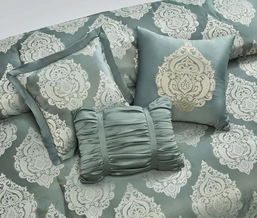 Miniatura 8 de Sterling Creek Trinity - Juego de edredón de lujo de 7 piezas, edredón tradicional de medallón jacquard gris y verde con cojines decorativos