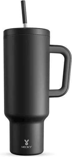 Miniatura 15 de Meoky - Vaso de 30 oz con asa, tapa y pajilla, taza de viaje térmica de acero inoxidable 100% a prueba de fugas, para portavasos, mantiene el frío