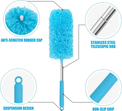 Miniatura 7 de Mini plumero de microfibra para limpieza, plumero de mano con poste de extensión, pequeño plumero lavable para interior de automóvil, oficina, Azul