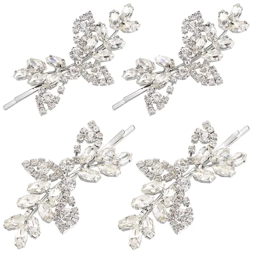 Miniatura 7 de Waydress 4 pinzas para el pelo con diamantes de imitación para boda, pasador de pelo de novia, diseño de hojas decorativas, accesorios de horquilla